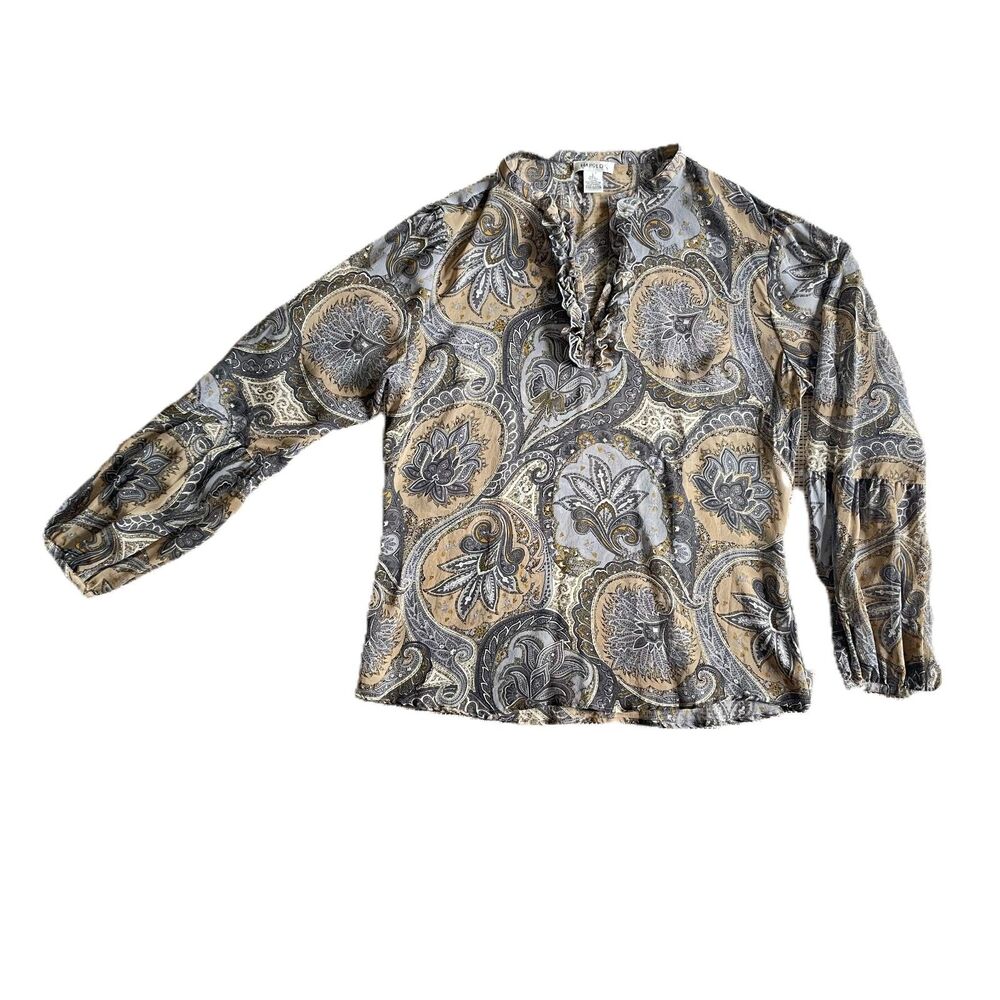 Harold's 100% Silk Paisley Blouse Womens L Ruffle V-Neck Long Sleeve Gray Tan